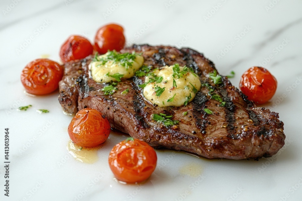 Rustic Grilled Ribeye Steak with Charred Cherry Tomatoes Fresh Herbs and Garlic Butter Drizzle on Minimalist White Marble Surface