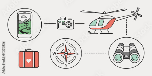 Travel Adventure Vector Icons Helicopter Camera Phone Compass Binoculars Suitcase for Vacation Planning