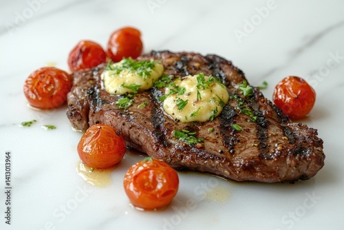 Obraz na płótnie Rustic Grilled Ribeye Steak with Charred Cherry Tomatoes Fresh Herbs and Garlic Butter Drizzle on Minimalist White Marble Surface w salonie