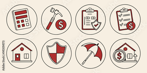 Home Finance & Insurance Icons - Mortgage, Protection, Investment, Policy, Calculator, House - Vector Line Art, Beige Background