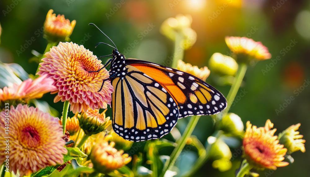Fototapeta premium Under the blazing sun, a Monarch butterfly feeds from a garden of yellow flowers, its motion calm, surrounded by color, heat, and sweet floral perfume.