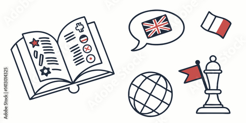 Education Learning Languages Strategy Vector Icon Art Book Flags Globe Chess Graphic Design Vector Illustrations Stock Photos