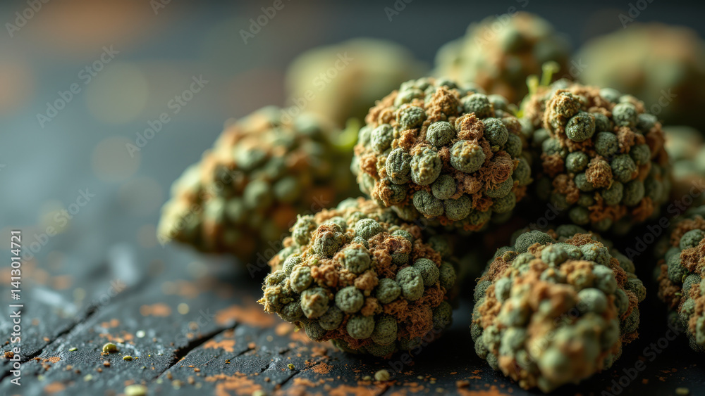 A close-up of a small cluster of THCA crystals against a dark textured background. A close-up of a small cluster of THCA crystals against a dark textured background.