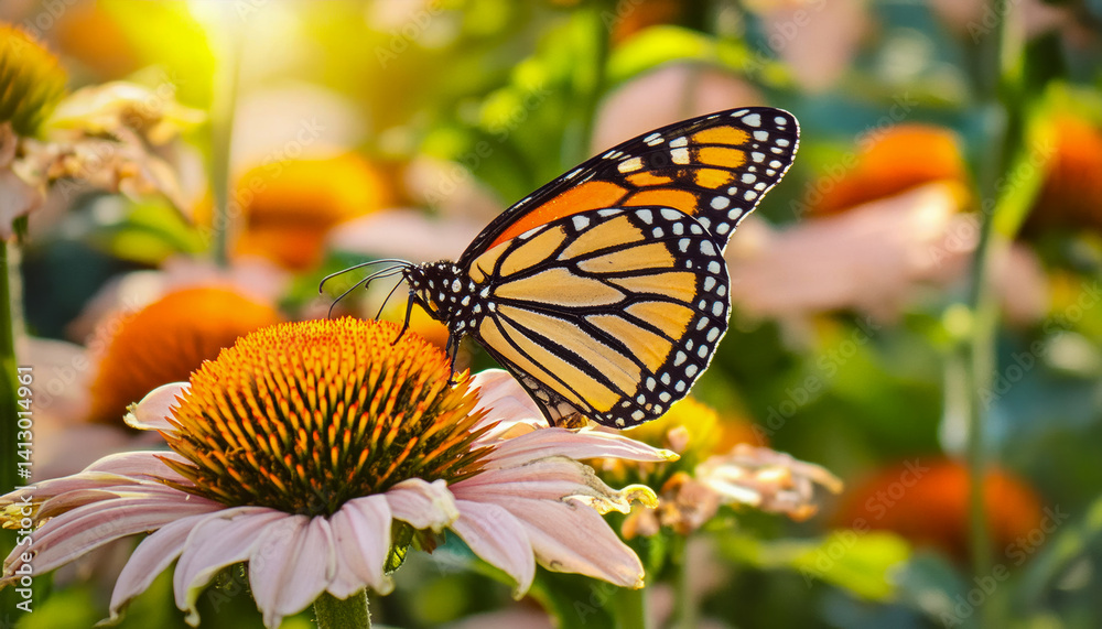 Fototapeta premium In the stillness of a summer garden, a Monarch butterfly drinks from yellow blooms, its orange wings contrasting beautifully with the sun-soaked floral landscape.