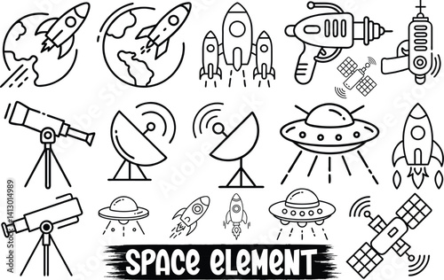 Space Elements Icon Vector Set – Rockets, UFOs, Satellites & Telescopes Silhouette Icon.