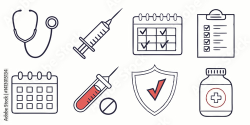 Medical Vector Icons: Stethoscope, Syringe, Calendar, Clipboard, Blood Test, Medicine Bottle, Shield