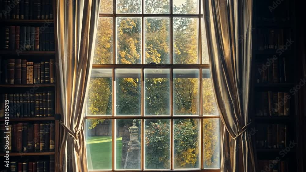 Library Ambience: A serene view through a window to a tranquil outdoor setting Library Ambience: A serene view through a window to a tranquil outdoor setting