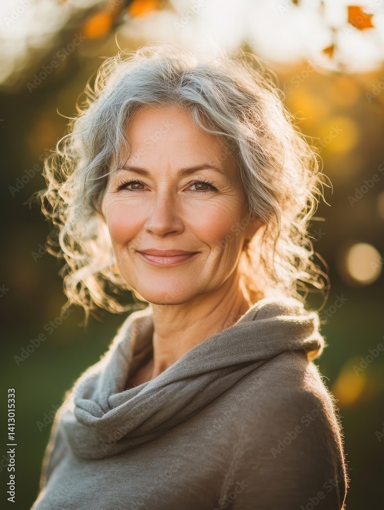 Naklejka premium Serene Portrait of Diverse Middle-aged Woman Practicing Mindfulness in a Sunlit Garden Setting with Natural Elements and Soft Bokeh Effect