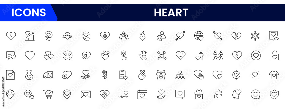 Vector illustration web line icon collection centered on heart symbols, expressing love, health, care, romance, emotion, cardiology, heartbeat, passion, and affection in design. Vector illustration web line icon collection centered on heart symbols, expressing love, health, care, romance, emotion, cardiology, heartbeat, passion, and affection in design.