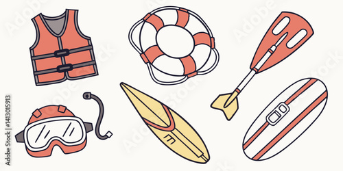 Cartoon Water Sports & Safety Gear Vector - Life Vest, Life Buoy, Surfboard, Paddle, Diving Mask, Wakeboard for Summer Beach Fun