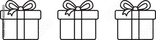 Set of three gift boxes with bows, line art design, perfect for use in celebration-themed designs, holiday patterns, and festive illustrations in vector format