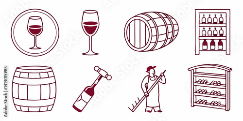 Wine Winery Line Art Icons: Glass, Barrel, Rack, Corkscrew, Winemaker Set
