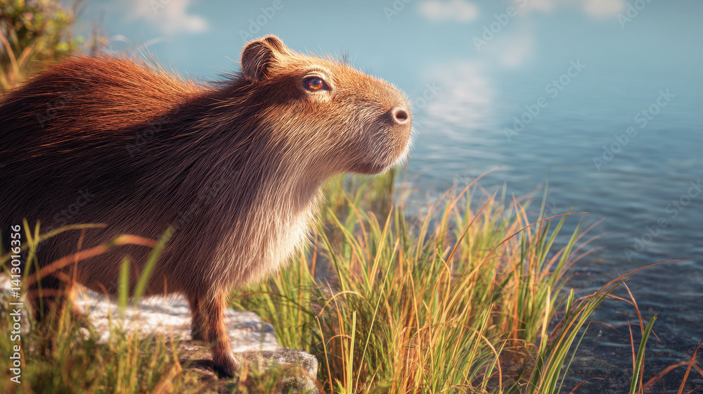 Fototapeta premium A curious capybara with short brown fur and gentle eyes, standing by a calm river with lush grass and a sunny day