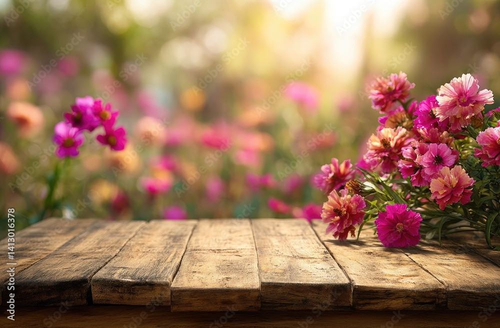 Wooden table with flowers in garden (2) Wooden table with flowers in garden (2)
