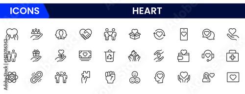 Vector illustration web line icon collection centered on heart symbols, expressing love, health, care, romance, emotion, cardiology, heartbeat, passion, and affection in design.