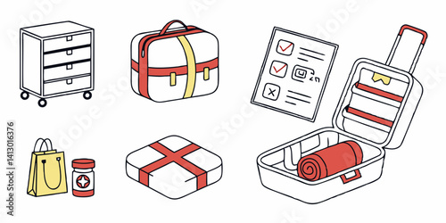 Cartoon Line Art Emergency Kit Packing Suitcase Duffle Bag Shopping Bag Medicine Checklist Cabinet