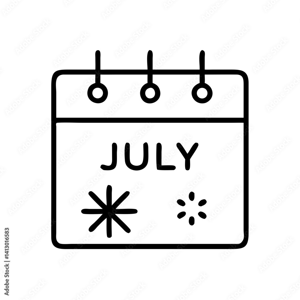 A July calendar page playfully depicting contrasting summer and winter symbols, showcasing bold outlines and simple design. A July calendar page playfully depicting contrasting summer and winter symbols, showcasing bold outlines and simple design.