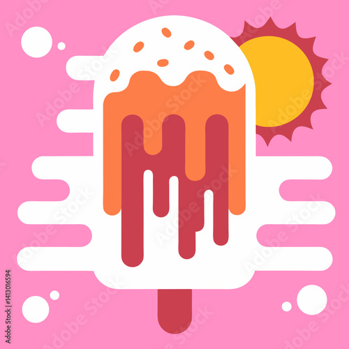 A melting popsicle on a hot summer day, dripping with deliciousness under a bright sun, in a playful minimalist style.