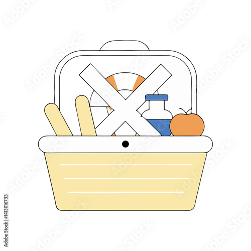 A picnic basket's contents, a cancelled beach day, bread, apple and drink, a simple line art illustration.