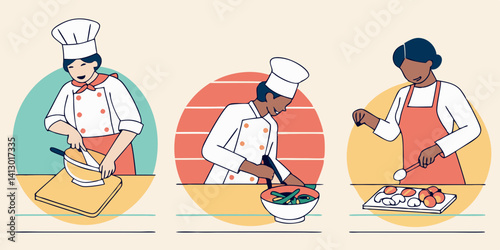 Cartoon Chefs Cooking Food Preparation Steps Illustrations