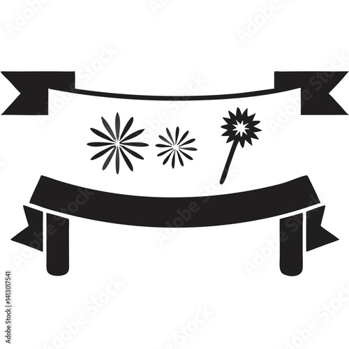 Celebrate joyfully with fireworks and ribbons, a festive design in simple black and white.