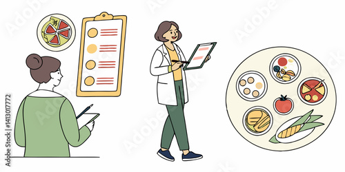 Dietitian Consultation for Healthy Diet Food Plate Cartoon Illustration Image