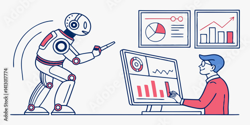 Human and AI Robot Analyzing Business Data Charts and Graphs Line Art Vector Illustration