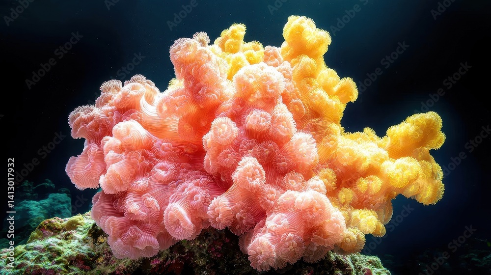 Naklejka premium A vibrant coral formation with pink and orange hues, showcasing intricate textures and patterns beneath the ocean's surface.