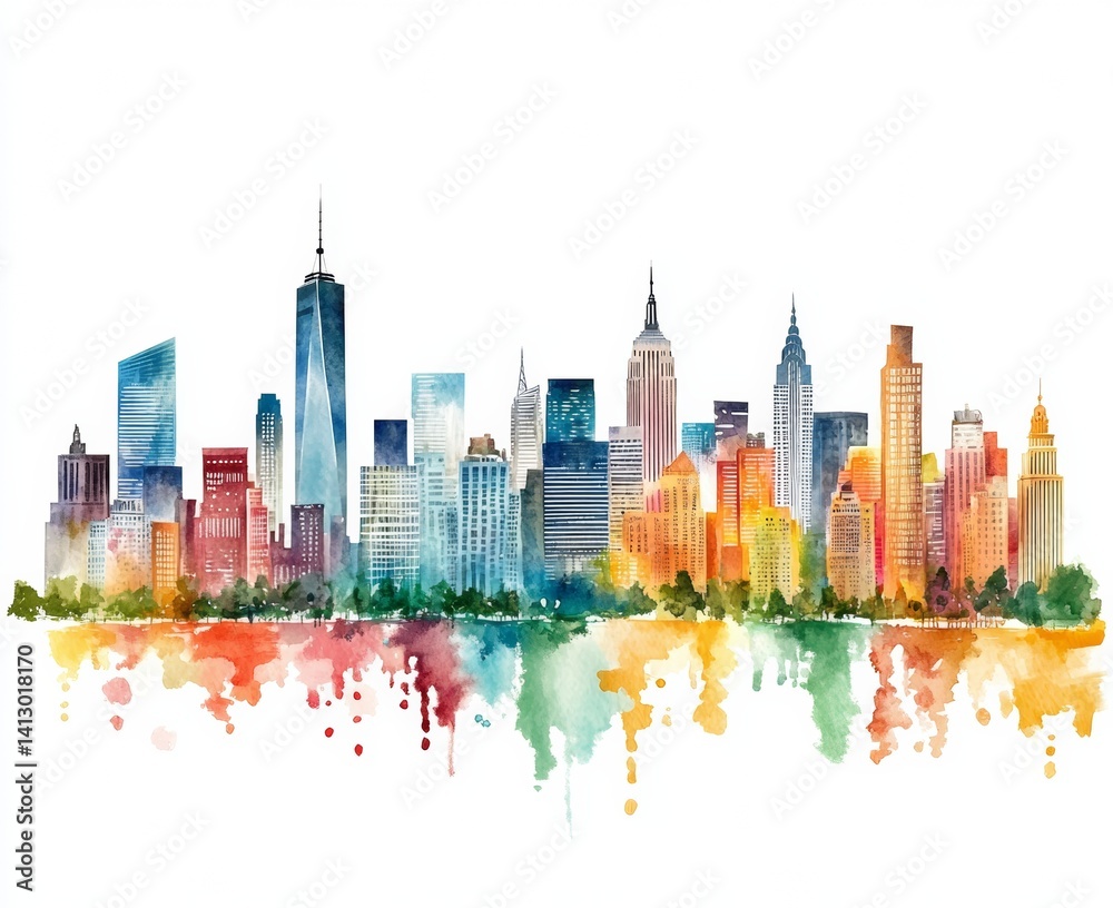 Cityscape Painting of New York Skyline Urban Art , Watercolor style isolate on white background