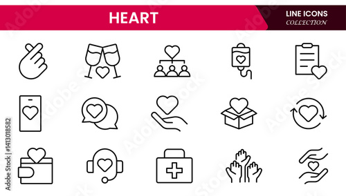 Vector illustration web line icon collection centered on heart symbols, expressing love, health, care, romance, emotion, cardiology, heartbeat, passion, and affection in design.