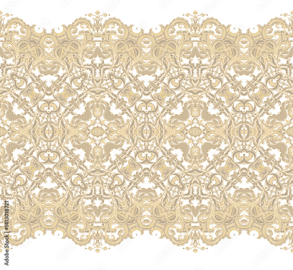 Golden calligraphic floral ornament, border vector pattern, ornamental laced design, on white background Golden calligraphic floral ornament, border vector pattern, ornamental laced design, on white background