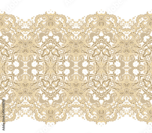 Golden calligraphic floral ornament, border vector pattern, ornamental laced design, on white background	