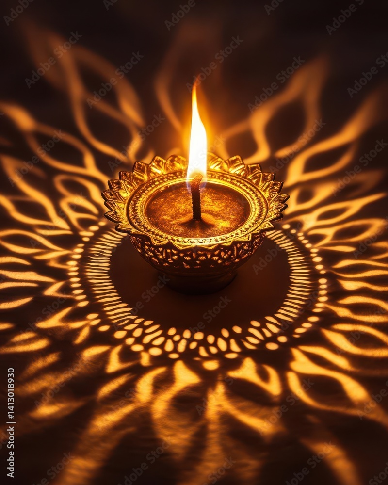 Traditional Brass Diya Lamp Casting Beautiful Shadow Patterns During Festival Night Celebration with Warm Glowing Light