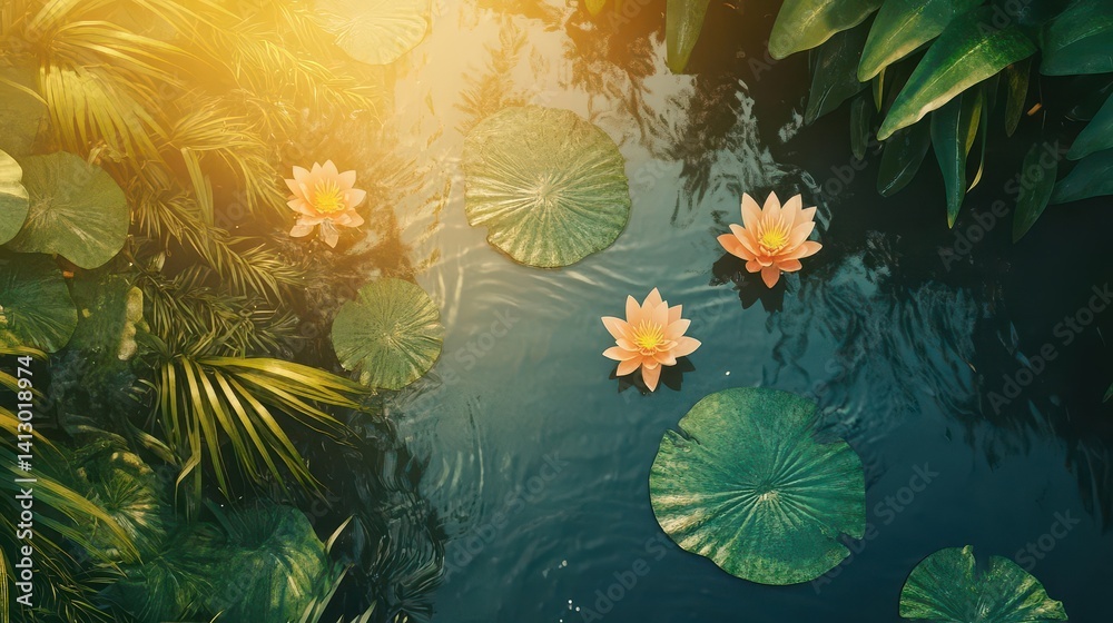 Tranquil Lotus Pond at Sunset with Vibrant Floral Reflections