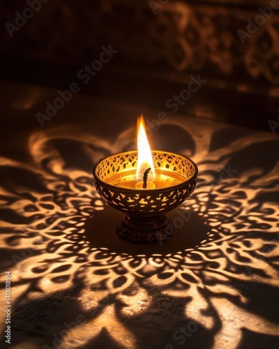 Traditional Brass Diya Lamp Casting Beautiful Shadow Patterns During Festival Night Celebration with Warm Glowing Light