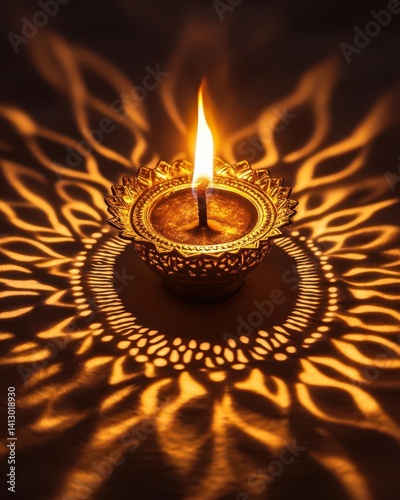 Obraz na płótnie Traditional Brass Diya Lamp Casting Beautiful Shadow Patterns During Festival Night Celebration with Warm Glowing Light w salonie
