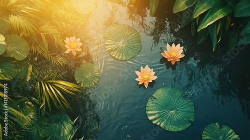 Obraz na płótnie Tranquil Lotus Pond at Sunset with Vibrant Floral Reflections w salonie