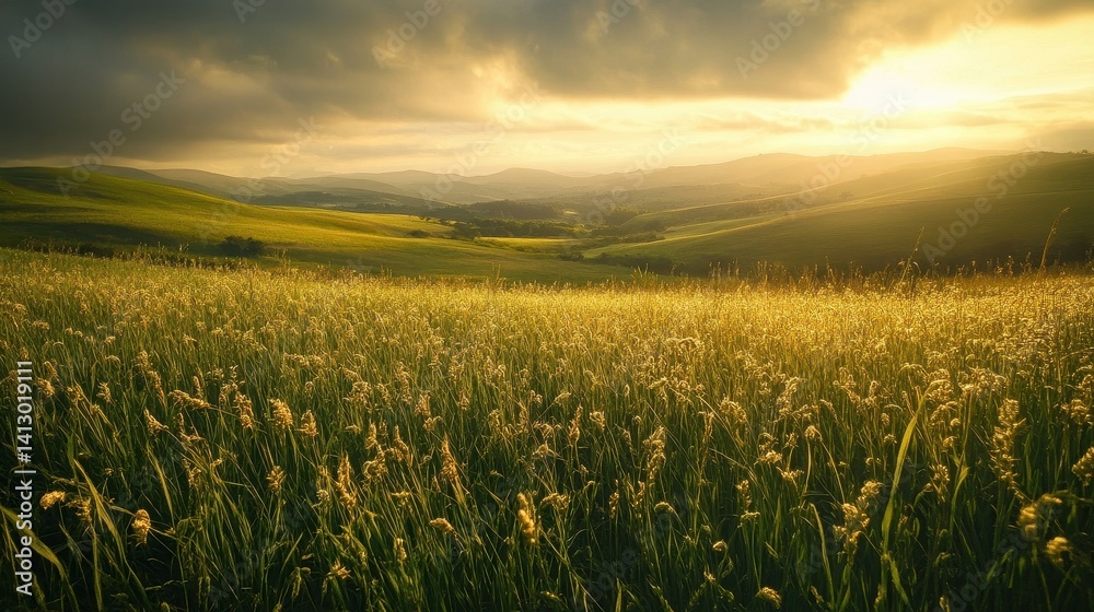 Tranquil Rolling Hills Meadow Landscape with Tall Green Grass Swaying in Summer Breeze Under Clear Blue Sky Perfect for Environmental Themes