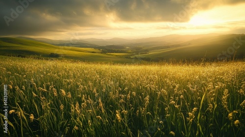 Obraz na płótnie Tranquil Rolling Hills Meadow Landscape with Tall Green Grass Swaying in Summer Breeze Under Clear Blue Sky Perfect for Environmental Themes w salonie