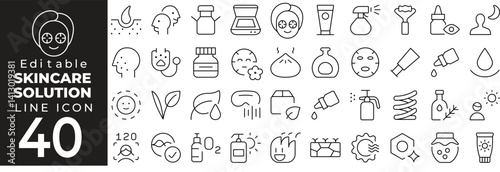 Skincare Solution Icon Set: A Line Icon Collection Featuring Cleanser, Moisturizer, Facial Care, Beauty, Skin Health, Treatment, Serum, and More