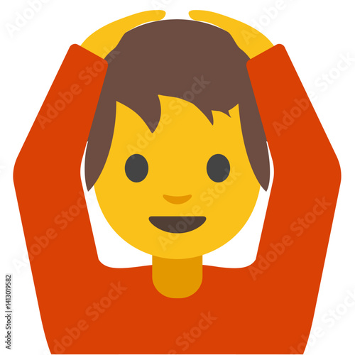 Smiling Child Holding Head with Yellow Skin and Brown Hair

