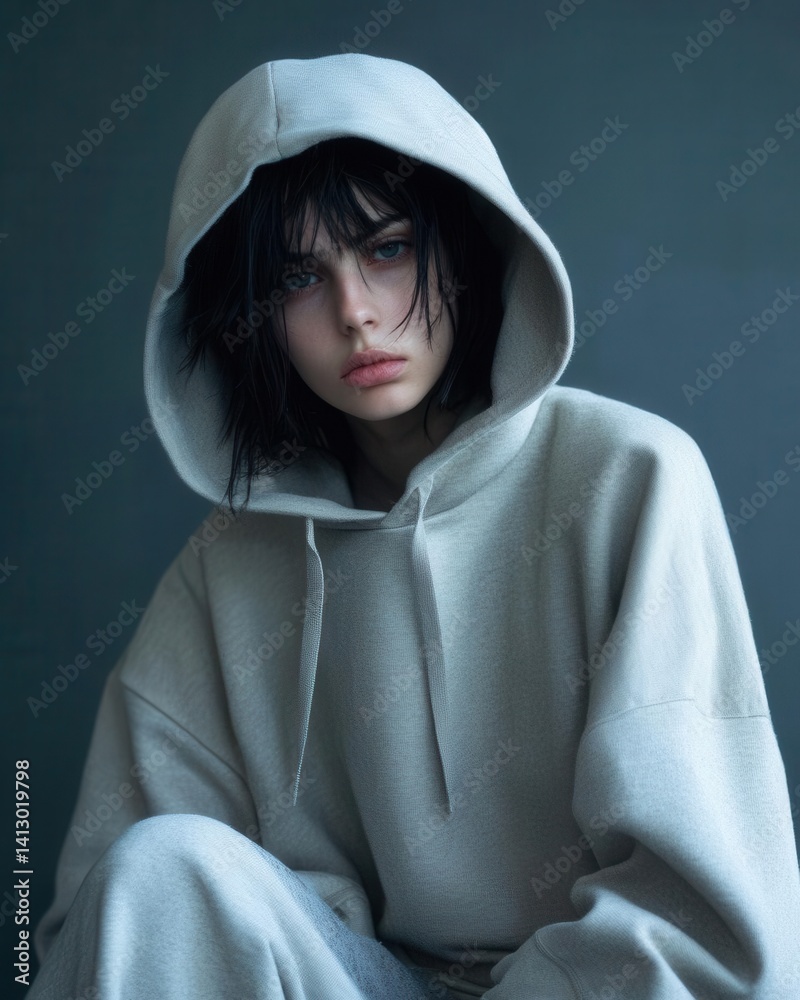 Urban Street Style Fashion Portrait with Minimalist Grey Hoodie against Contemporary Abstract Background Perfect for Apparel Mockup
