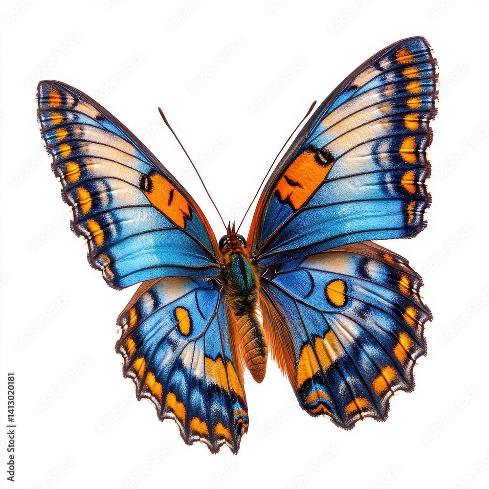 Vibrant Blue and Orange Butterfly in Graceful Flight Against Pure White Background