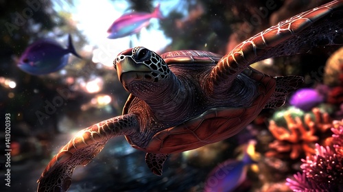 Underwater sea turtle surrounded by vibrant coral reef fish. photo