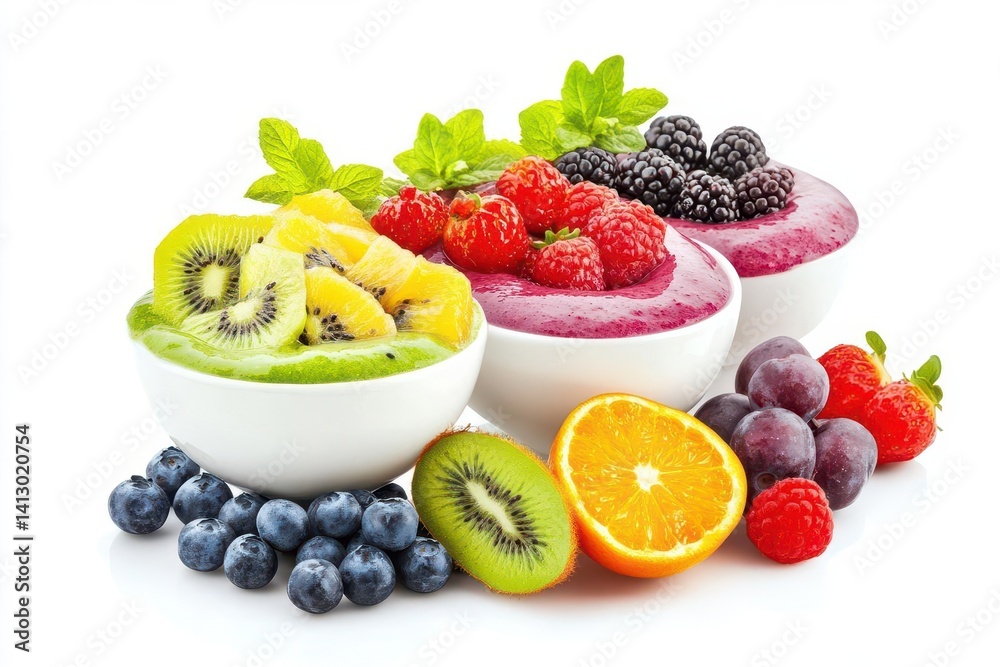 Vibrant Rainbow Smoothie Bowl Collection with Fresh Tropical Fruits Dragon Fruit Mango and Berries Garnished with Chia Seeds and Coconut Flakes