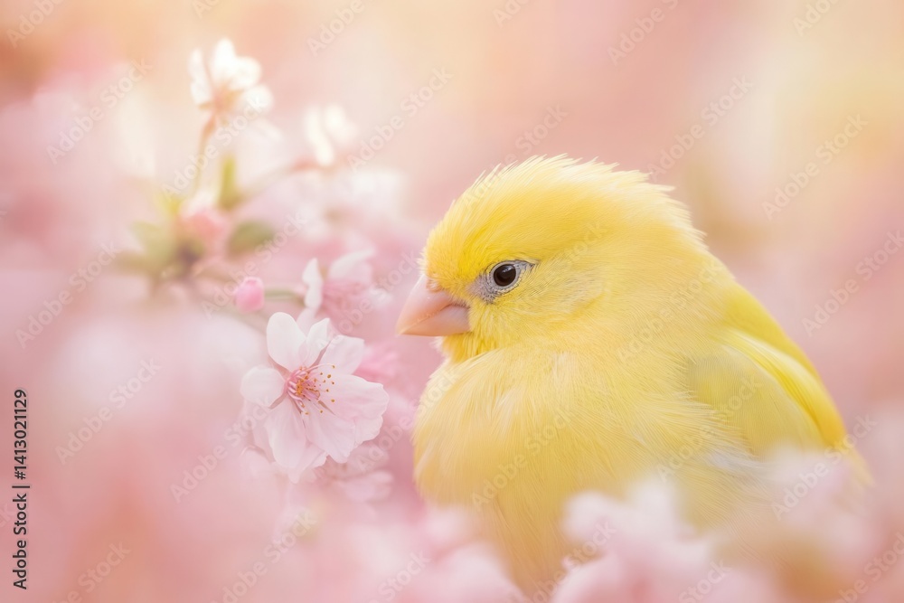 Vibrant Yellow Canary Perched on Cherry Blossom Branch Against Soft Bokeh Background Perfect for Nature and Wildlife Photography