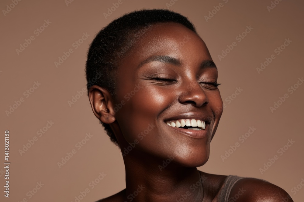 Fototapeta premium A black woman smiles radiantly with her eyes closed, showcasing perfect teeth and a healthy glow.