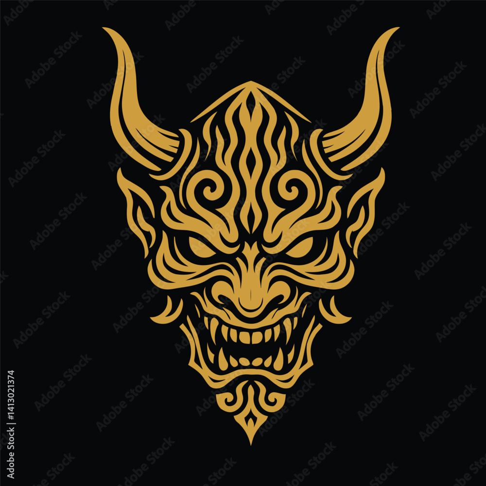 Fototapeta premium Stylized demonic mask in gold on a black background features intricate, symmetrical patterns.