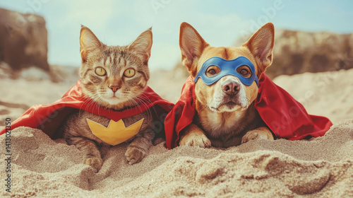 A shy cat and timid dog in subtle superhero outfits peeking out bashfully on a solid sand background with gentle charm