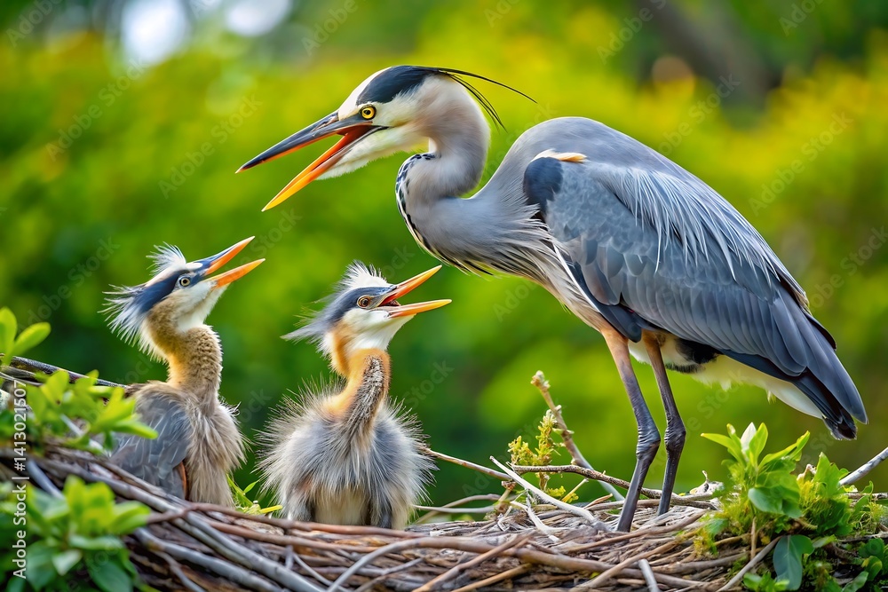 Obraz premium lake, sunset, reflection,, Great blue heron feeding its chicks in a nest with open mouths and green foliage background outdoors
